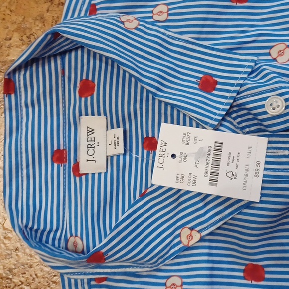 J. Crew Women's Blue/White Striped Blouse With Apple Graphics Size L NWT - Picture 2 of 8